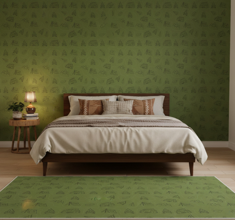 Bedroom wallpaper featuring camping mountains on green - TenStickers