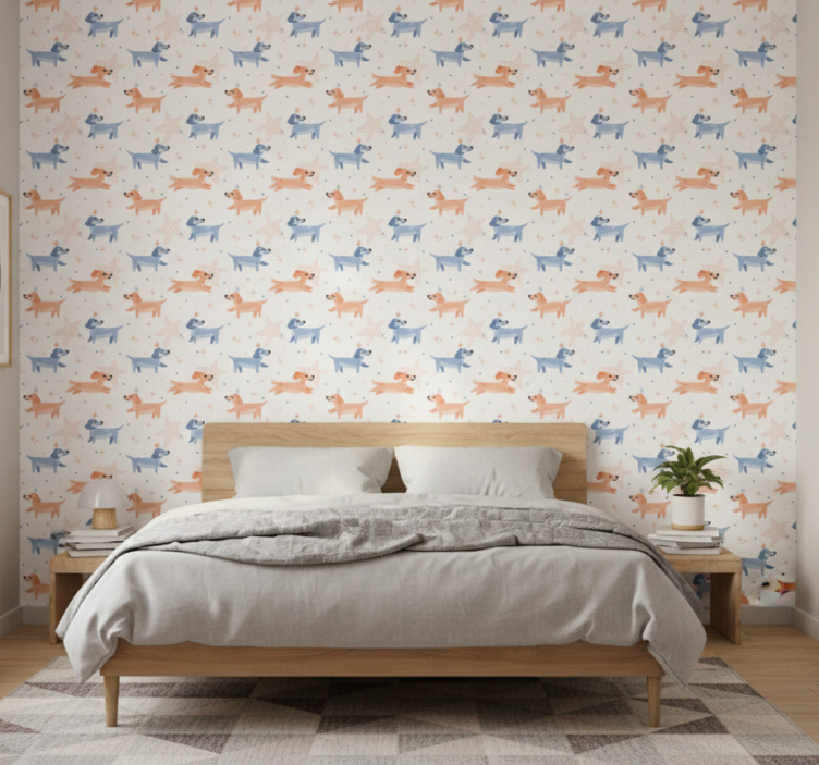 Bedroom wallpaper featuring cute crowned dogs - TenStickers