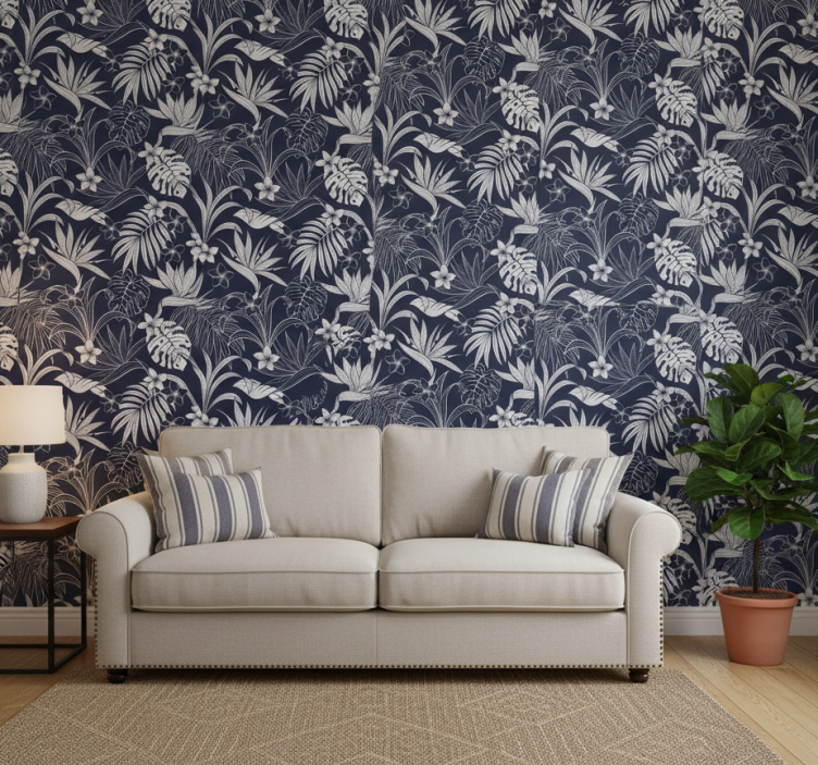 Bedroom wallpaper gray tropical hamptons design - TenStickers