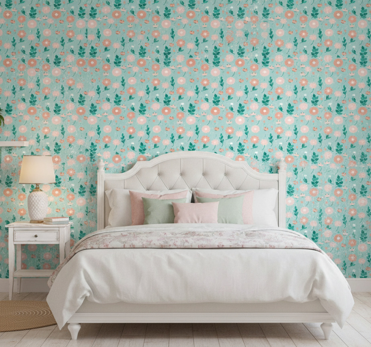 Bedroom wallpaper in blue floral shabby chic - TenStickers