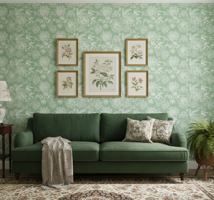 Bedroom wallpaper in green floral grandmillennial style - TenStickers
