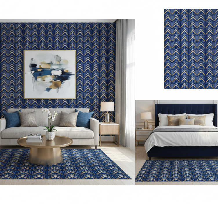 Bedroom wallpaper in modern art blue and gold pattern - TenStickers