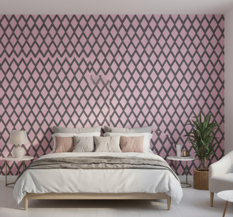 Bedroom wallpaper in pink and gray rhombuses design - TenStickers