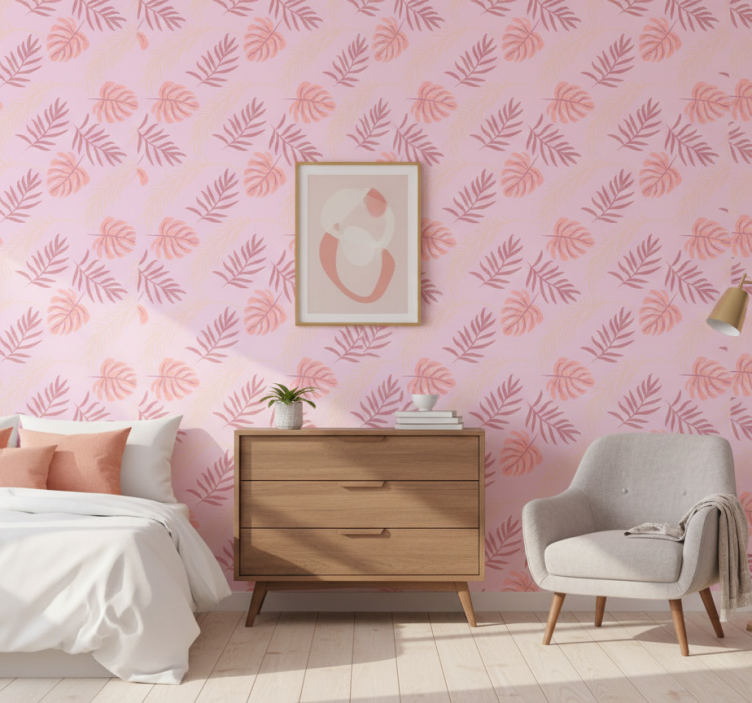 Bedroom wallpaper in pink tropical leaf design - TenStickers