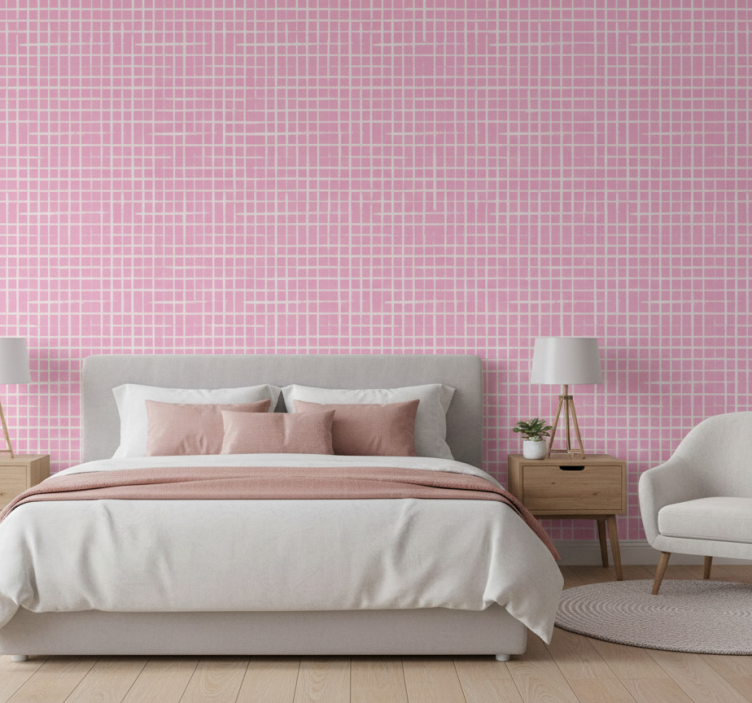 Bedroom wallpaper in pink with white lines modern design - TenStickers