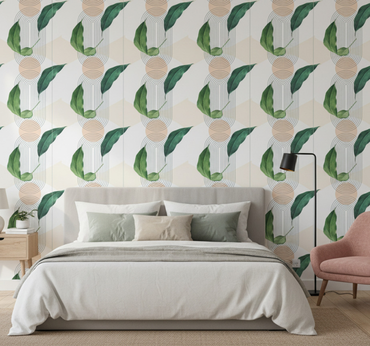 Bedroom wallpaper leafy geometric design - TenStickers