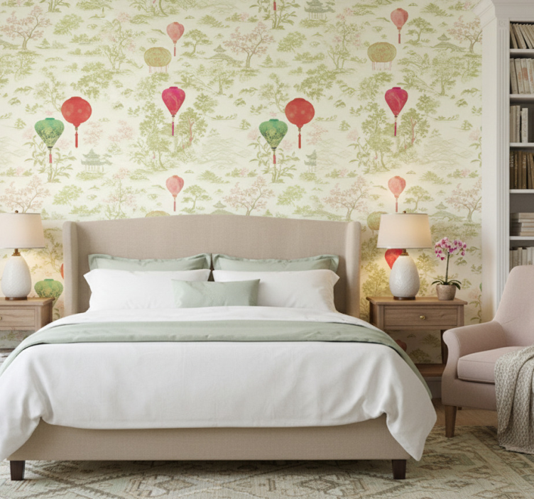 Bedroom wallpaper oriental chinoiserie landscape - TenStickers