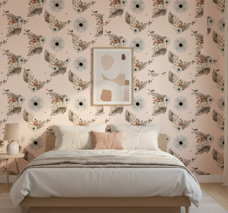 Bedroom wallpaper pink and black pastel flower pattern - TenStickers