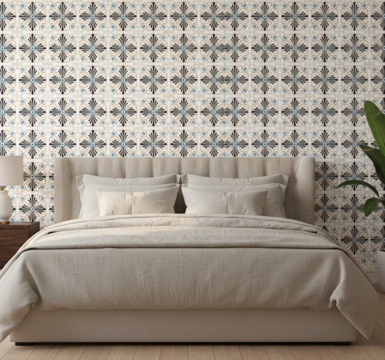Bedroom wallpaper retro botanical tiles - TenStickers