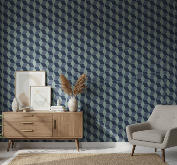Bedroom wallpaper retro cube pattern in blue shades - TenStickers
