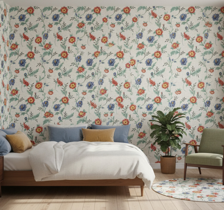 Bedroom wallpaper retro floral design - TenStickers