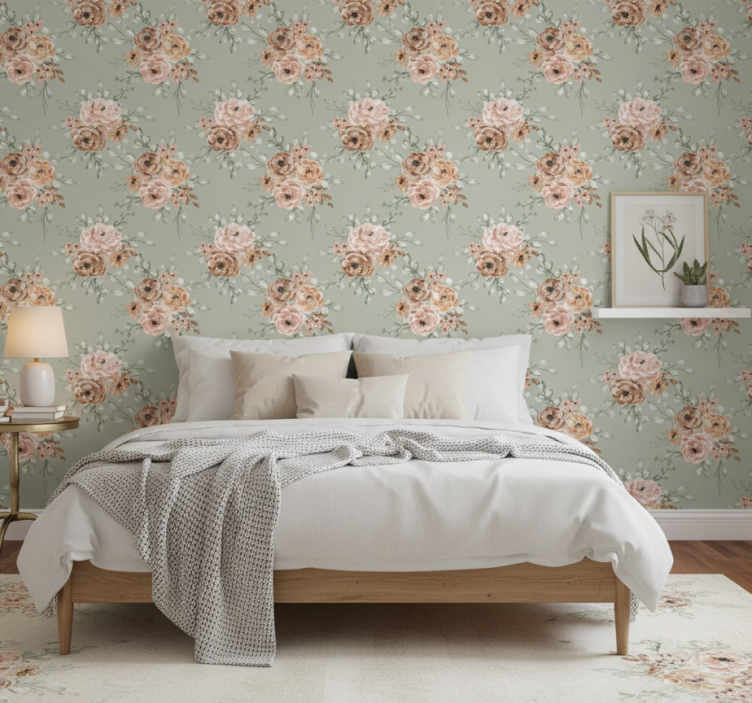 Bedroom wallpaper vintage roses on mint green - TenStickers