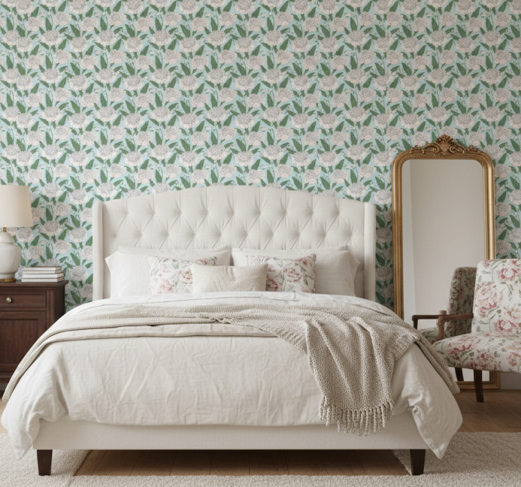 Bedroom wallpaper white flowers grandmillenial design - TenStickers