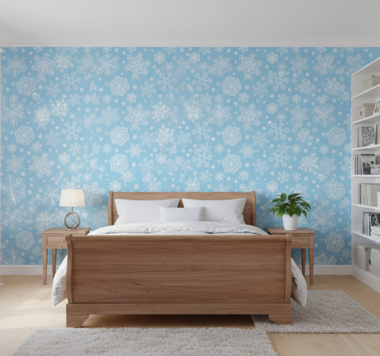 Bedroom wallpaper white snowflakes on blue background - TenStickers