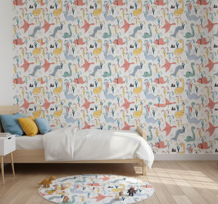 Bedroom wallpaper with colorful dinosaurs and trees - TenStickers