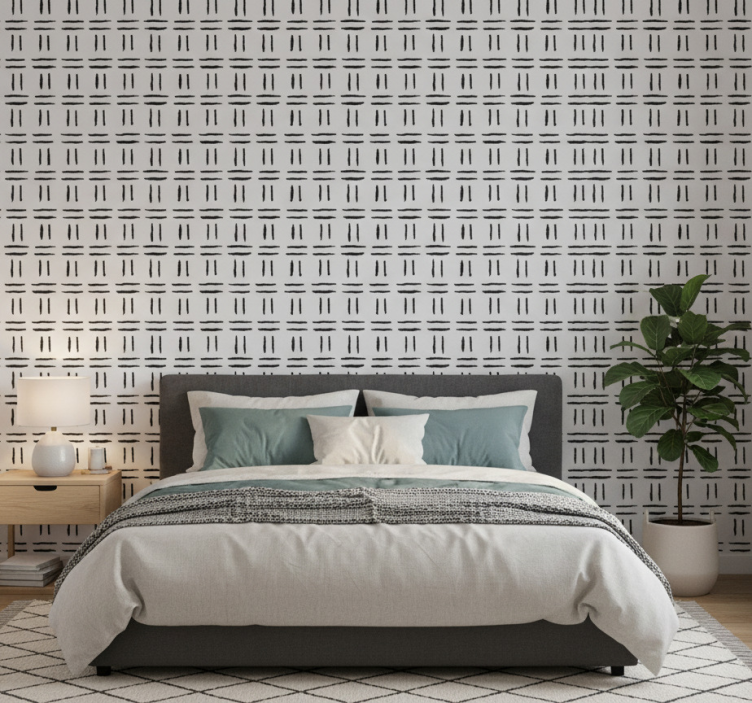 Bedroom wallpaper with grid ink brush pattern - TenStickers