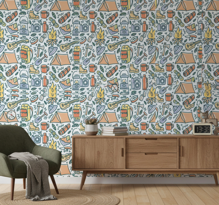 Bedroom wallpaper with hand-drawn mountains and camping gear - TenStickers