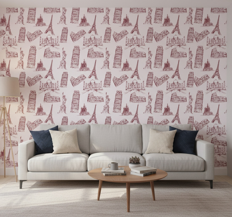 Bedroom wallpaper with iconic landmarks pattern - TenStickers