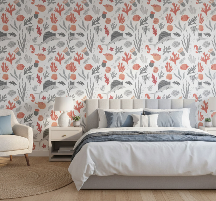 Bedroom wallpaper with marine life illustration - TenStickers