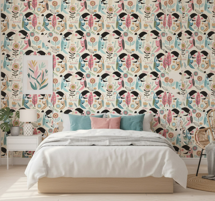 Bedroom wallpaper with tropical toucan design - TenStickers