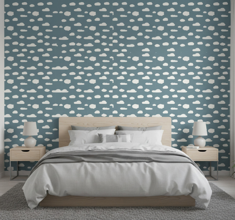 Bedroom wallpaper with white pattern on blue - TenStickers