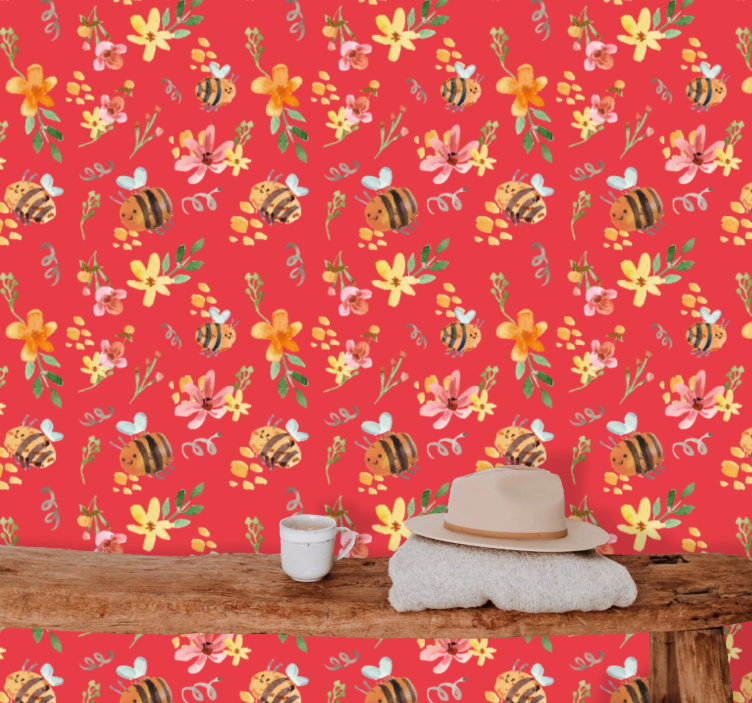 Bee Floral Pattern flower wallpaper - TenStickers