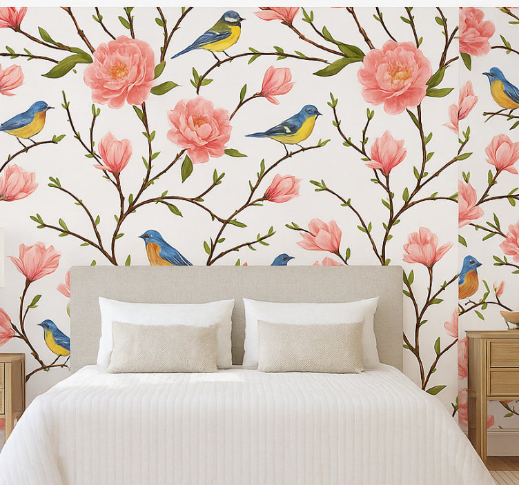 Birds wallpaper spring songbird and peony - TenStickers