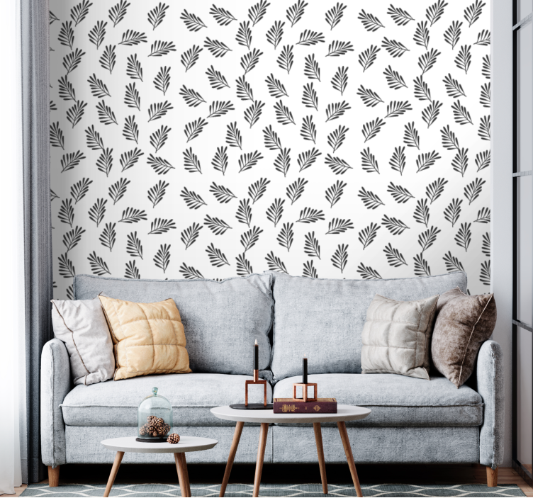 Black and white simple pattern leaf wallpaper - TenStickers