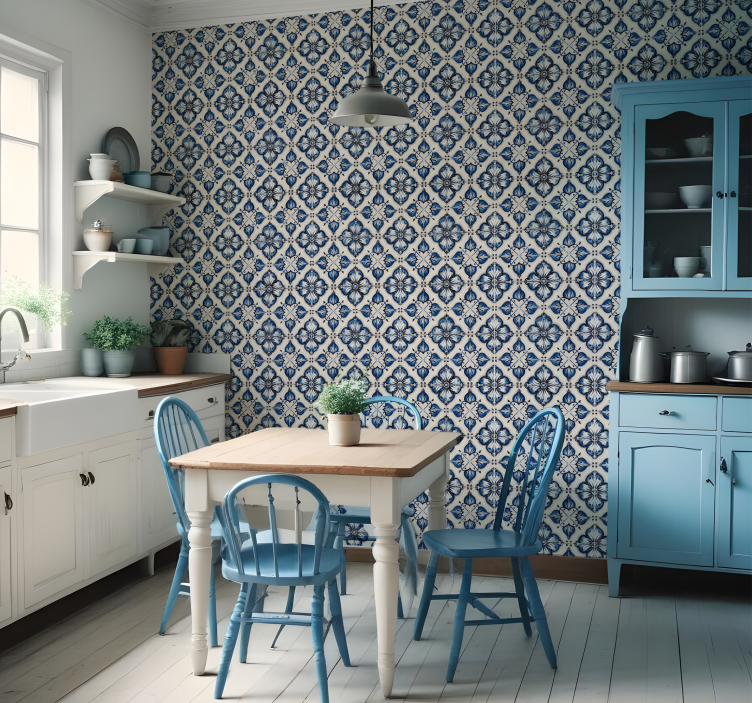 Blue floral pattern tile wallpaper - TenStickers