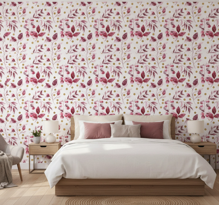 Burgundy leaves with golden dots bedroom wallpaper - TenStickers