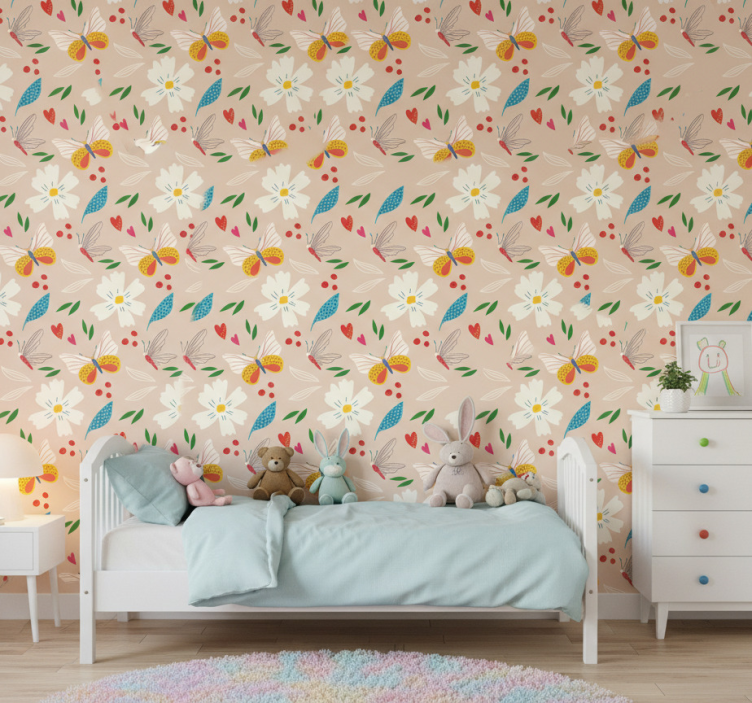 Butterfly wallpaper in beige floral pattern - TenStickers
