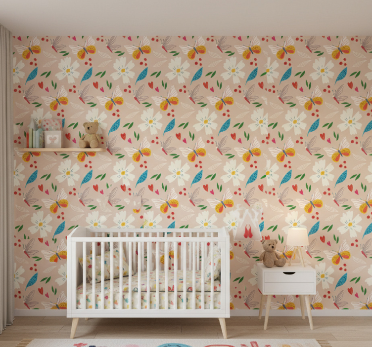 Butterfly wallpaper in floral design on beige background - TenStickers