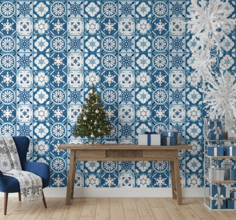 Christmas wallpaper blue snowflake tiles - TenStickers