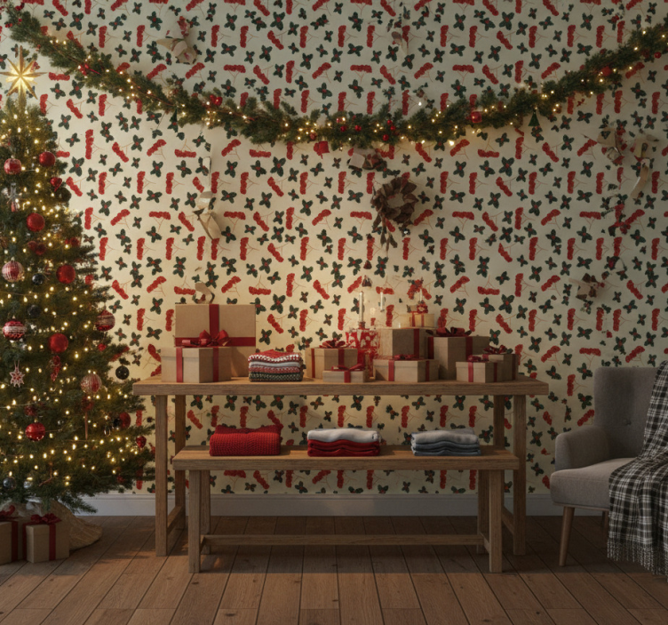 Christmas wallpaper hand drawn berries pattern - TenStickers