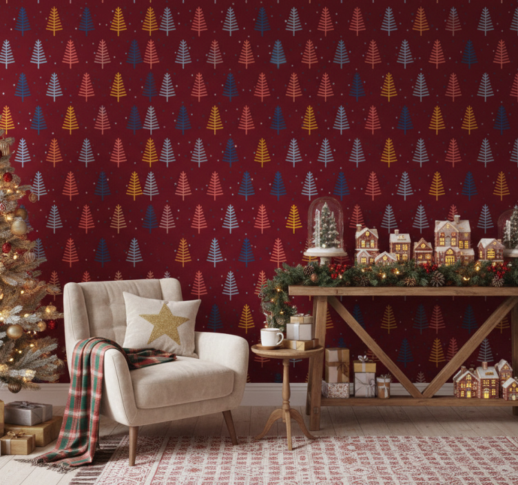 Christmas wallpaper with red tree pattern - TenStickers