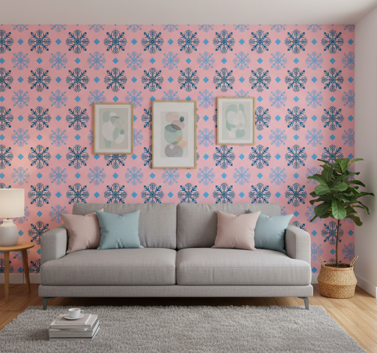 Christmas wallpaper in pink and blue snowflakes - TenStickers