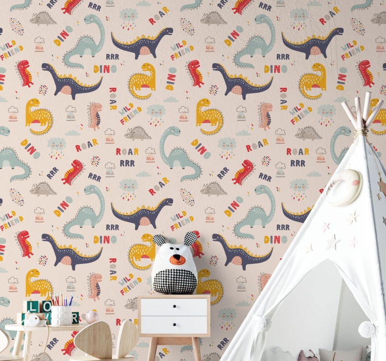 Colorful dinosaurs with names kids wallpaper - TenStickers