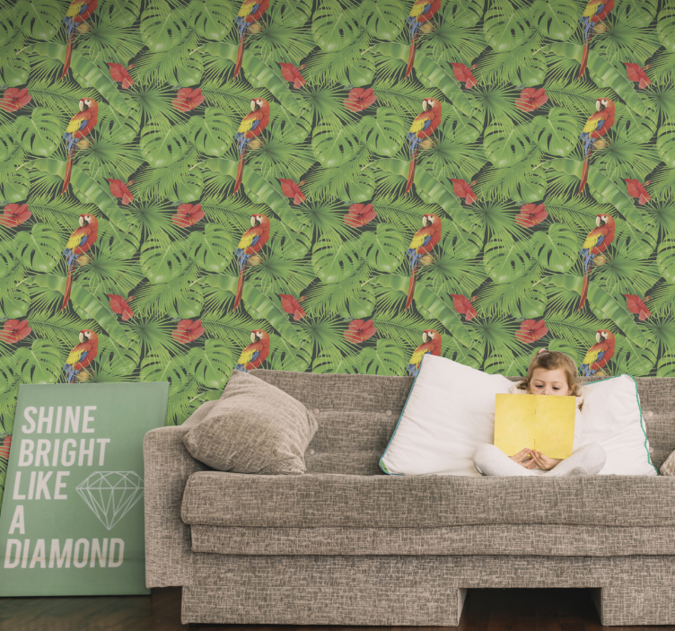 Colorful parrots on green leaves wallpaper - TenStickers