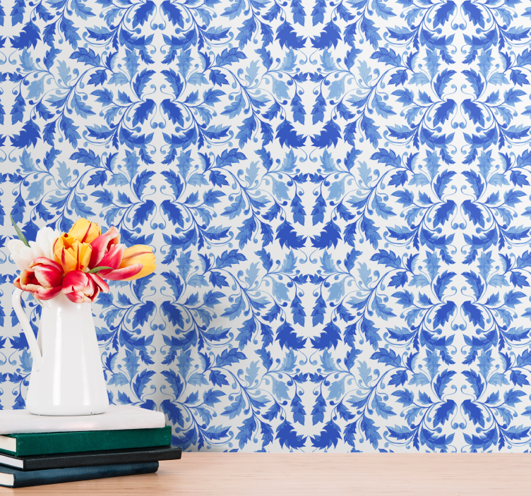 Elegant blue and white motif leaf wallpaper - TenStickers