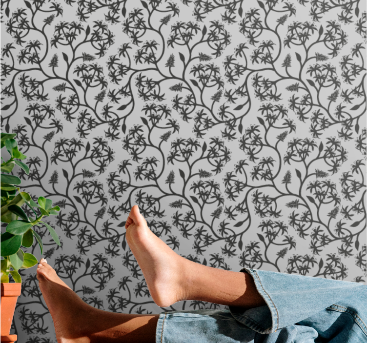 Ornamental flower wallpaper branch pattern gray - TenStickers