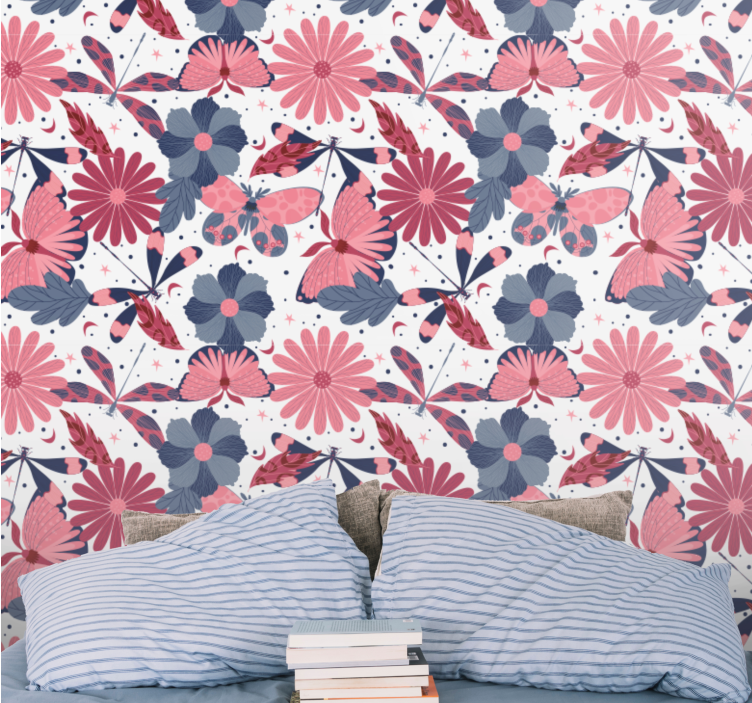 Pink butterfly pattern flower wallpaper - TenStickers