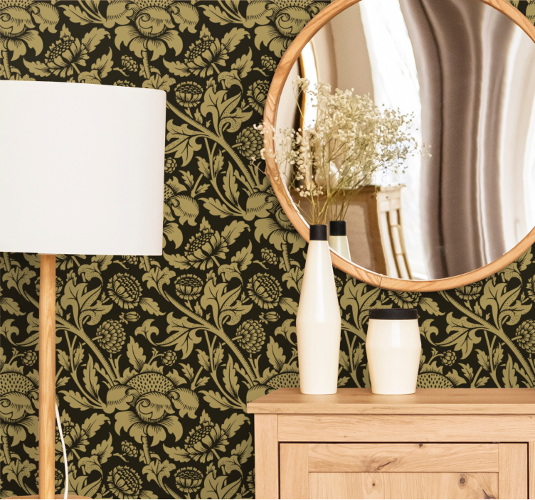 Golden greenery theme ornamental flower wallpaper - TenStickers