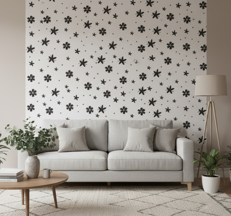 Flower wallpaper black and white ink floral design - TenStickers