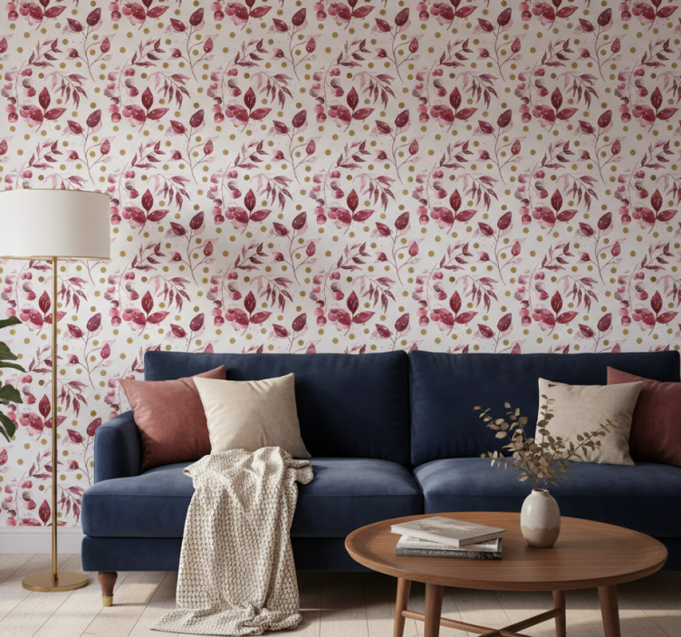 Flower wallpaper burgundy leaves with golden dots - TenStickers