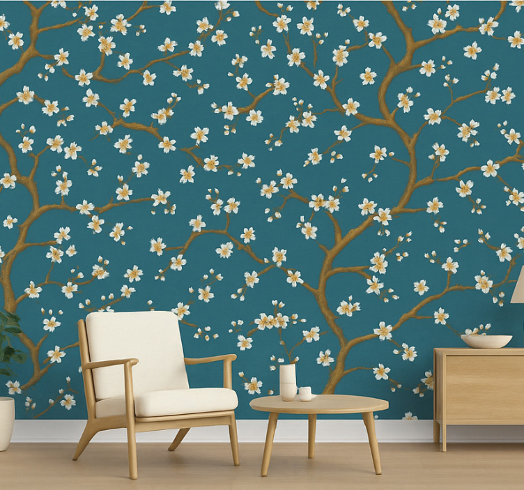 Flower wallpaper golden blossom teal - TenStickers