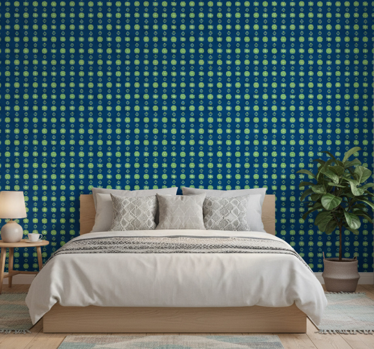 Flower wallpaper in green and blue polish design - TenStickers