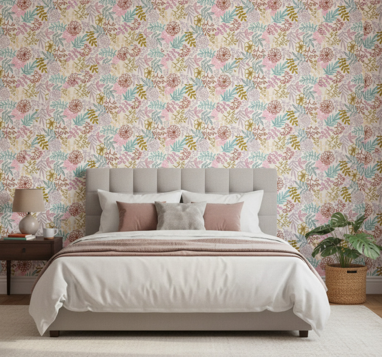 Flower wallpaper multicolor pattern line art - TenStickers