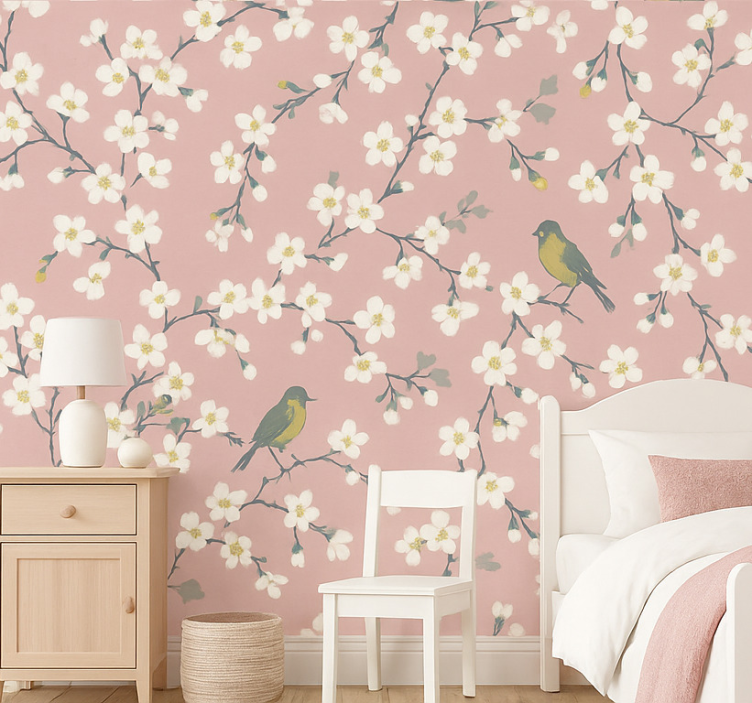 Flower wallpaper pink orchard birds design - TenStickers