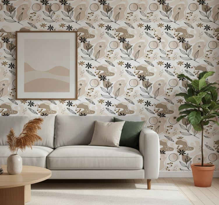 Flower wallpaper stylish pink and beige leaves pattern - TenStickers