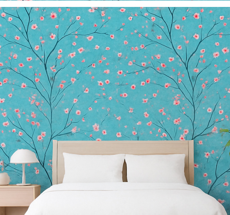 Flower wallpaper teal cherry blossoms - TenStickers